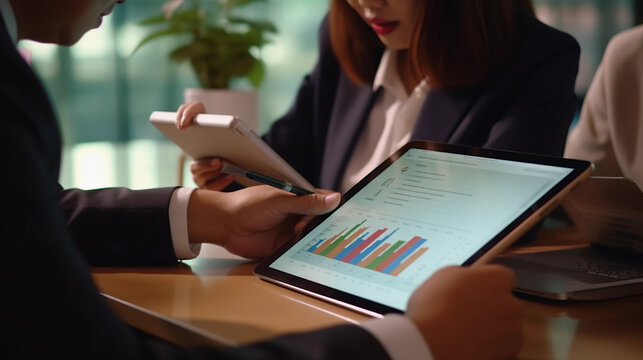 Asian executives engaged in chart analysis
