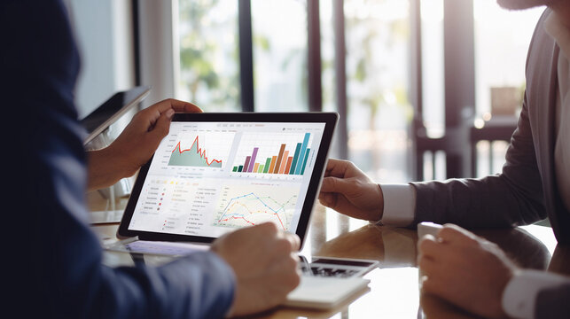 Asian executives engaged in chart analysis