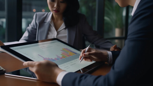 Asian executives engaged in chart analysis