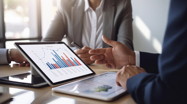 Asian executives engaged in chart analysis