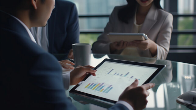 Asian executives engaged in chart analysis