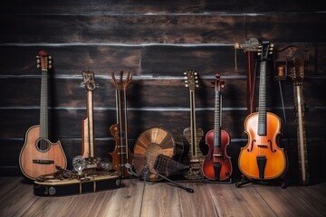 Various musical instruments displayed on a background made of wood. Generative AI