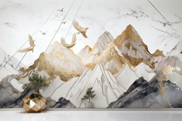Contemporary mural with Christmas tree, golden lines, mountain, birds, on a white marble backdrop. Generative AI