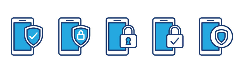 Mobile security icons. Cyber security, shield protection, safety, monitor, padlock, check mark icon symbol for apps and websites. Editable stroke. Vector illustration