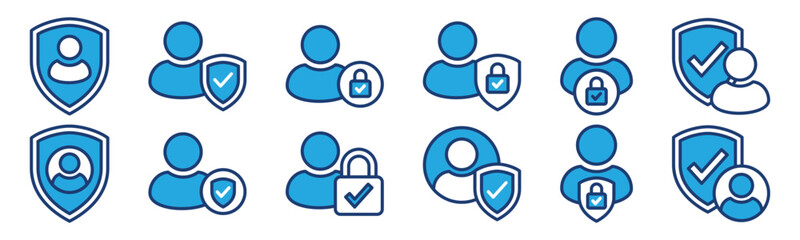 Account security icons. People, user, avatar, person, profile with shield protection and padlock with check mark icon symbol. Editable stroke. Vector illustration