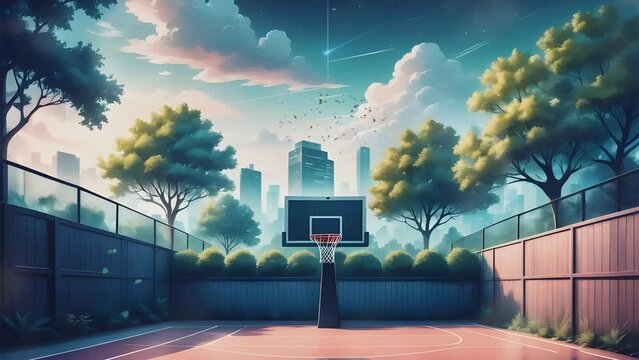 basketball court without people with beautiful fantasy natural scenery. Cartoon or anime painting illustration style. seamless looping 4K time-lapse virtual video animation background.