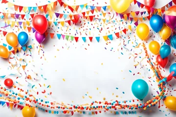 Foto op Canvas Colorful empty party carnival birthday celebration background with colorful streamer air balloon garland isolated on white © CREAM 2.0