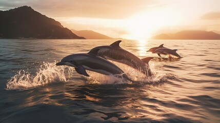 Beautiful group of dolphins jumping out of sea