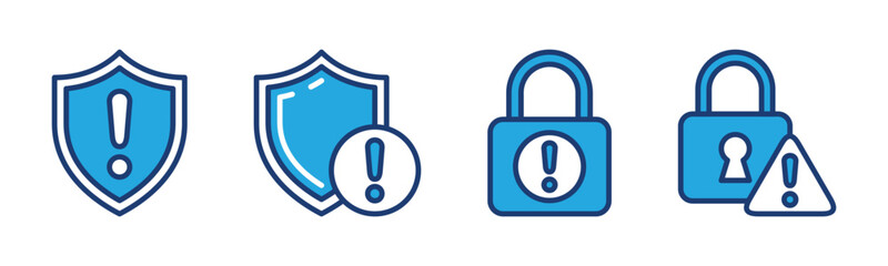 Security warning icons. Shield protection, padlock with triangle warning sign. Danger, alert, attention, caution sign for apps and websites. Vector illustration