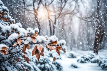 Bush with dry leaves during snowfall, winter Christmas background