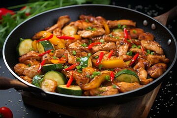 A tasty stir fry with tender chicken, zucchini, and sweet peppers