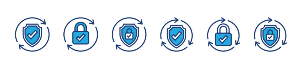 Obraz premium Security update icons. Safety, secure, protection, shield, padlock, check mark, process, upgrade with circle arrow icon symbol for apps and websites. Vector illustration