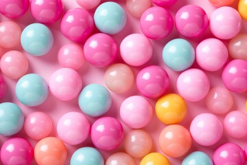 Colorful gumballs on pink surface. Generative AI