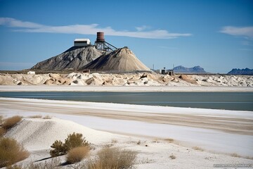 Landscape of Salt Lake City: desert salt mining factory near Lake Bonneville with mineral piles and industrial equipment. Generative AI
