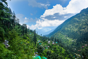 Aerial landscape of local homes in the , mountain village of Jibhi Himachal Pradesh, India.
