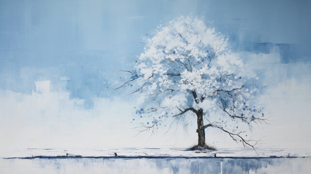 Painting of a blue and white background with a tree