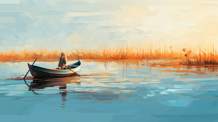 A painting of a boat on a lake with reeds - obrazy, fototapety, plakaty