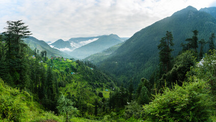 Aerial landscape of the mountain village of Jibhi surrounded by greenery and cedar forest, Jibhi,...