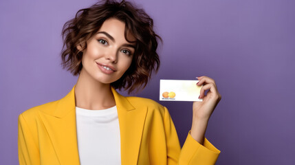 Beautiful woman holding template debit card isolated on purple color background.