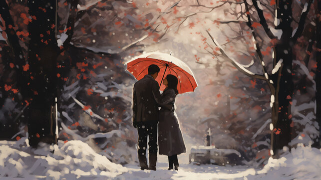 A painting of a couple under an umbrella in the snow