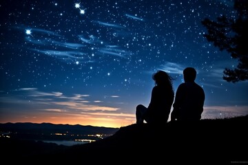 Silhouettes of a Latin couple perch atop a hill, gazing at shooting stars and the Milky Way in the night sky.
