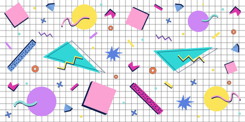 Obraz premium Retro 90s abstract geometric background with grid. Memphis style elements. Vector illustration.