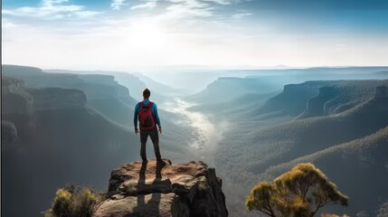 Mountaineer hikes up to rocky summit at sunrise.