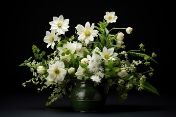 A vase of flowers and plants with a small white flower arrangement on a black table top, surrounded by small white daisies. Generative AI