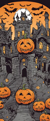 Long halloween poster of castle with pumpkins in halloween mood.