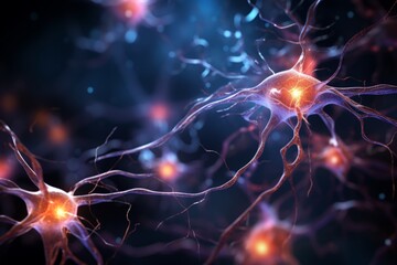 Neuron cells neural network under microscope neuro research science brain signal information transfer human neurology mind mental impulse biology anatomy microbiology intelligence connection system - obrazy, fototapety, plakaty