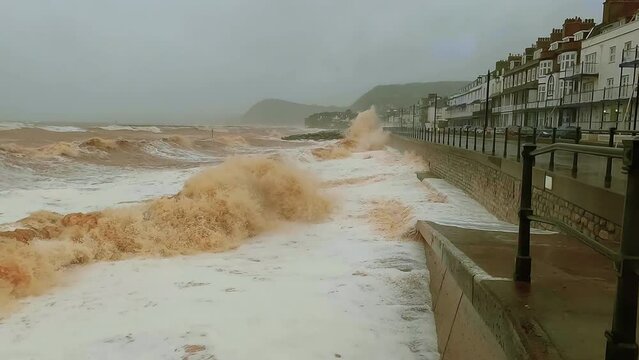 Sidmouth, Devon, United Kingdom - Dec 7, 2021: Coastal storm surge Storm Barra