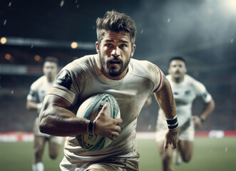 Rugby player running with ball in stadium.
