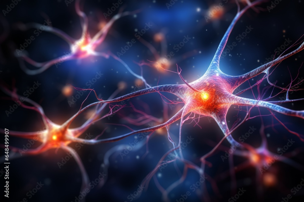 Wall mural neuron cells neural network under microscope neuro research science brain signal information transfe
