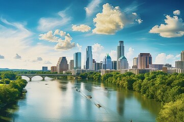 Cityscape of Austin, Texas with Colorado River in view. Generative AI