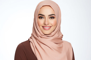 a beautiful young Arab Muslim model woman wearing hijab headscarf and smiling