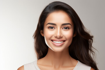 a beautiful young Asian Indian model woman smiling with clean teeth. used for a dental ad. isolated on white background 