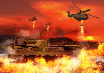 Tank, army and helicopter with fire explosion for combat, military and conflict for fight in city....