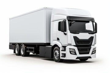 White truck with black inserts, capable of carrying up to five tons, seen from the front in a 3D render on a white background with colored alpha. Generative AI
