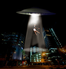 UFO spaceship, person and abduction in street, city and tractor beam for abduction, search and...