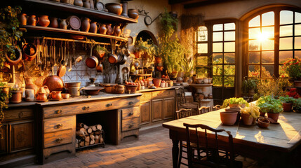 twilight serenade: an evocative imagery of a french rustic kitchen bathed in the soft, muted glow of the setting sun, encapsulating provincial charm. Ai Generated - obrazy, fototapety, plakaty