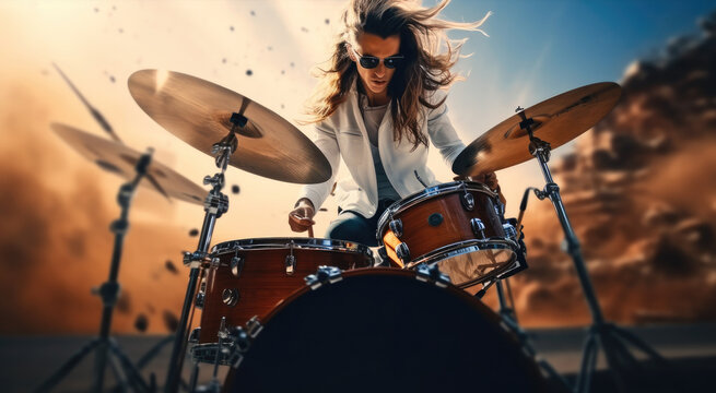 Drummer rocking in rock concert, Enthusiastic playing.