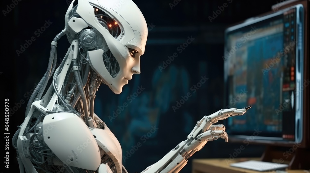 Fototapete artificial intelligence robot control futuristic data screen.