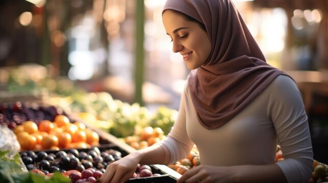 Muslim woman sorting fruits in supermarket.