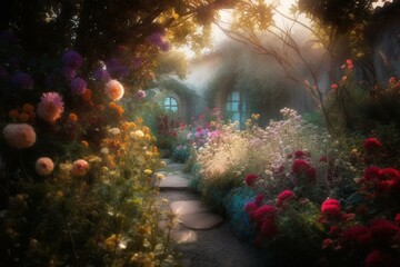 Fototapeta na wymiar Colorful flowers in a dreamy setting. Generative AI