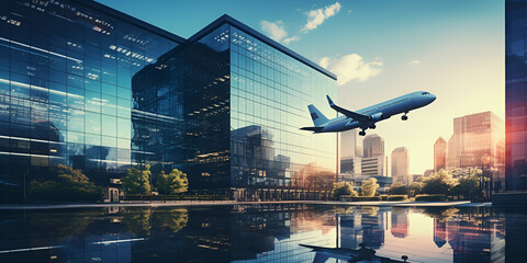 Capital urban building on expressway with plane and blue sky - obrazy, fototapety, plakaty