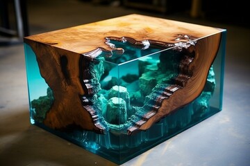 Crafting table with resin and wood; epoxy poured into mold with wooden blanks. Generative AI - obrazy, fototapety, plakaty