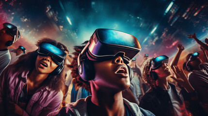 People wearing VR headsets and experiencing a virtual reality concert or live performance,...