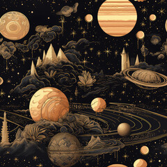 planets in space seamless pattern