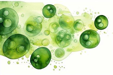 Watercolor illustration of unicellular green algae chlorella spirulina with large cells, single-cells with lipid droplets. Generative AI