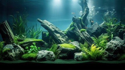 Beautiful green aquascape with live aquarium plants and fish - obrazy, fototapety, plakaty